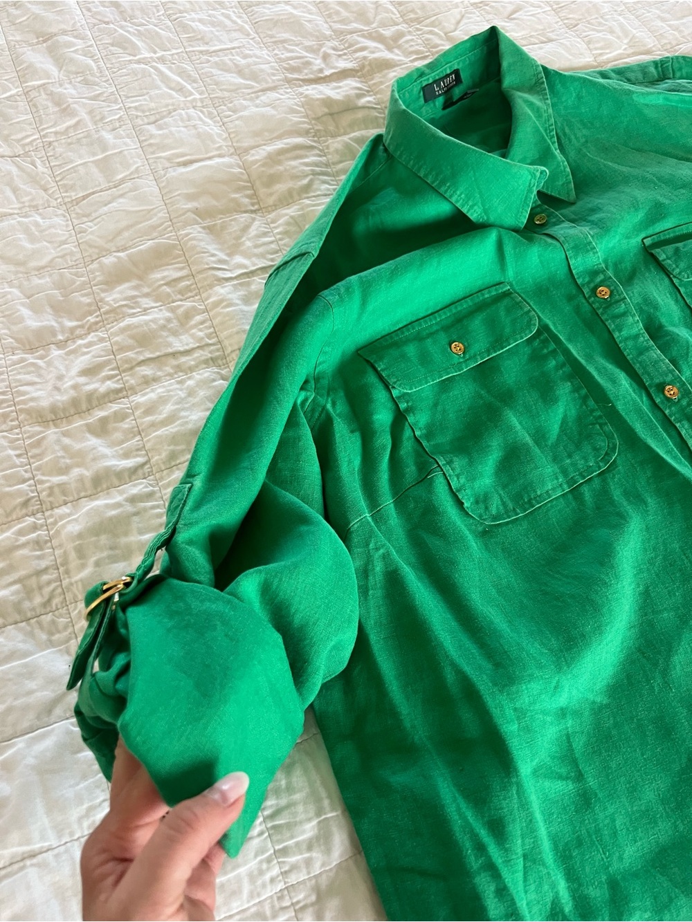 Ralph Lauren 💯 Linen green women’s button up shirt size 3X - Picture 3 of 11